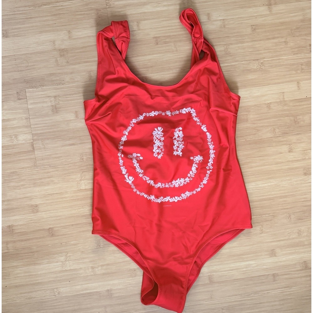 Ganni One Piece Swimsuit XXL Red Flower Smiley Face